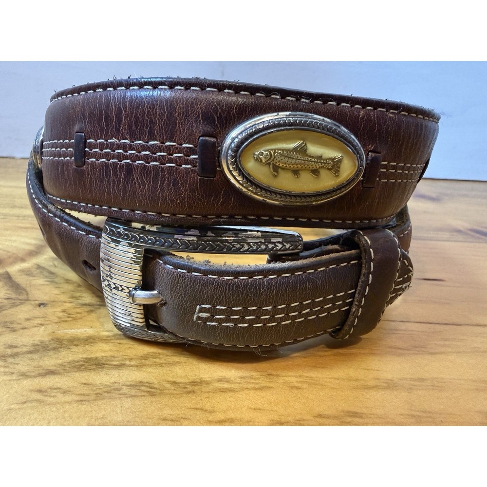 Vintage Western Brown Leather Belt Fish Trophy Concho Rustic Outdoorsman Sz 32